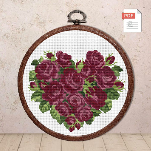 Heart of Burgundy Roses Cross Stitch Pattern #lov.003