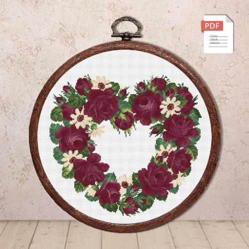 Heart of Burgundy Roses Cross Stitch Pattern #lov.016