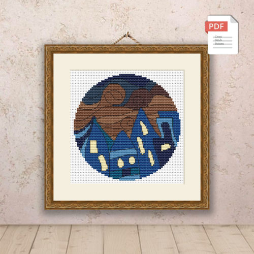 Blue Abstract Colored Houses Cross Stitch Pattern PDF #004