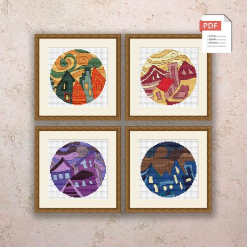 Set of 4 Colored Houses Cross Stitch Pattern PDF #abs005