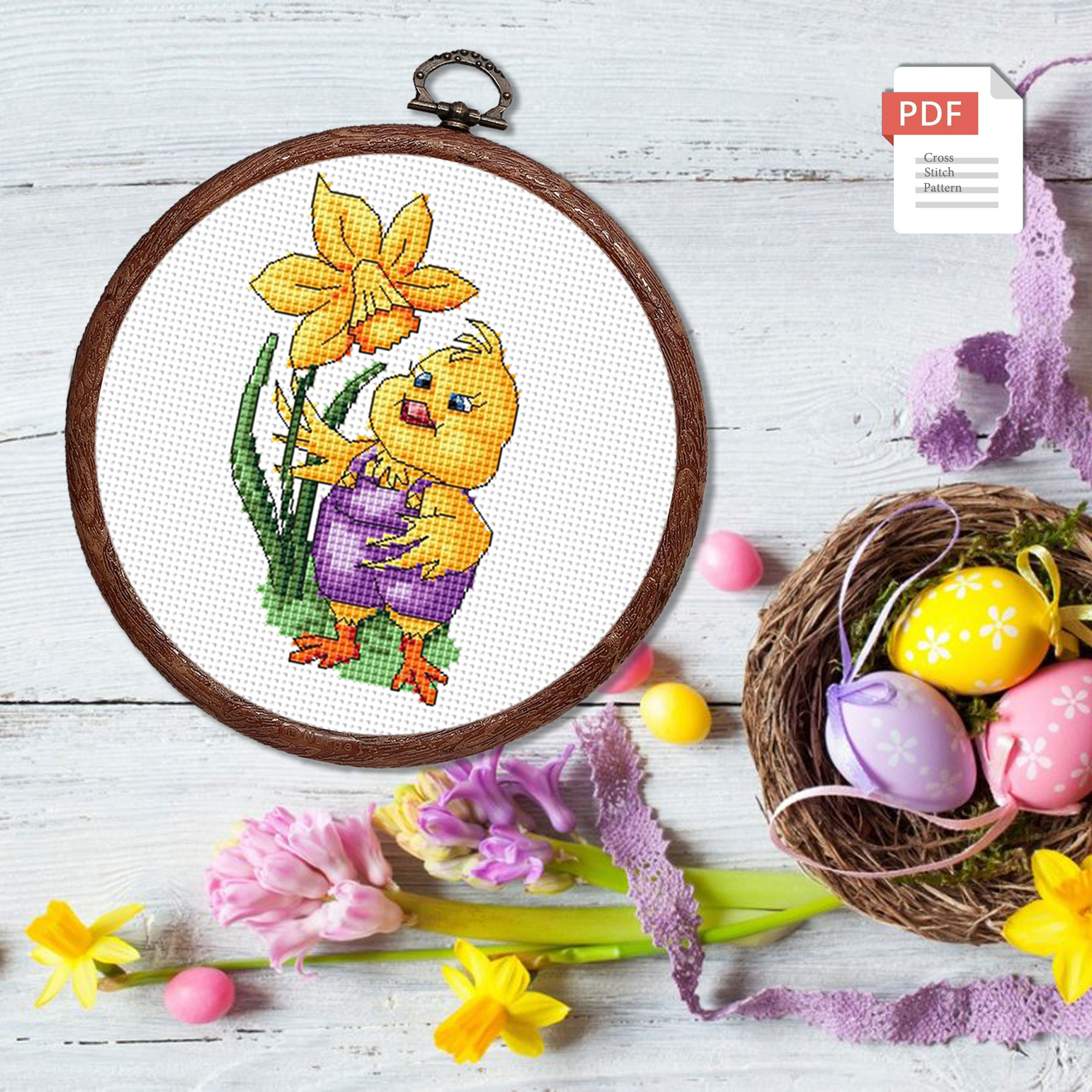 Little Chick With A Flower Cross Stitch Pattern #eas.002