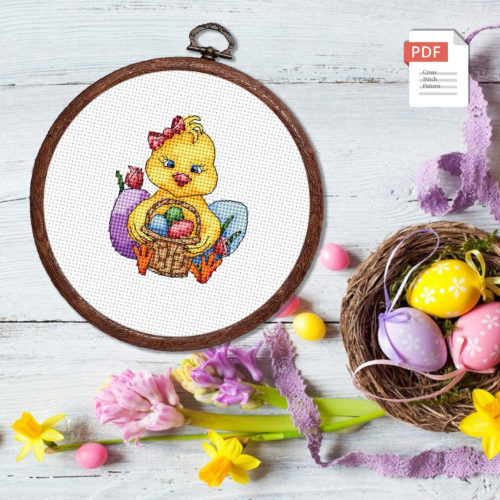 Little Chick With A Basket Cross Stitch Pattern #eas.003
