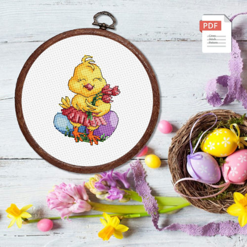 Little Chick With Tulips Cross Stitch Pattern #eas.005