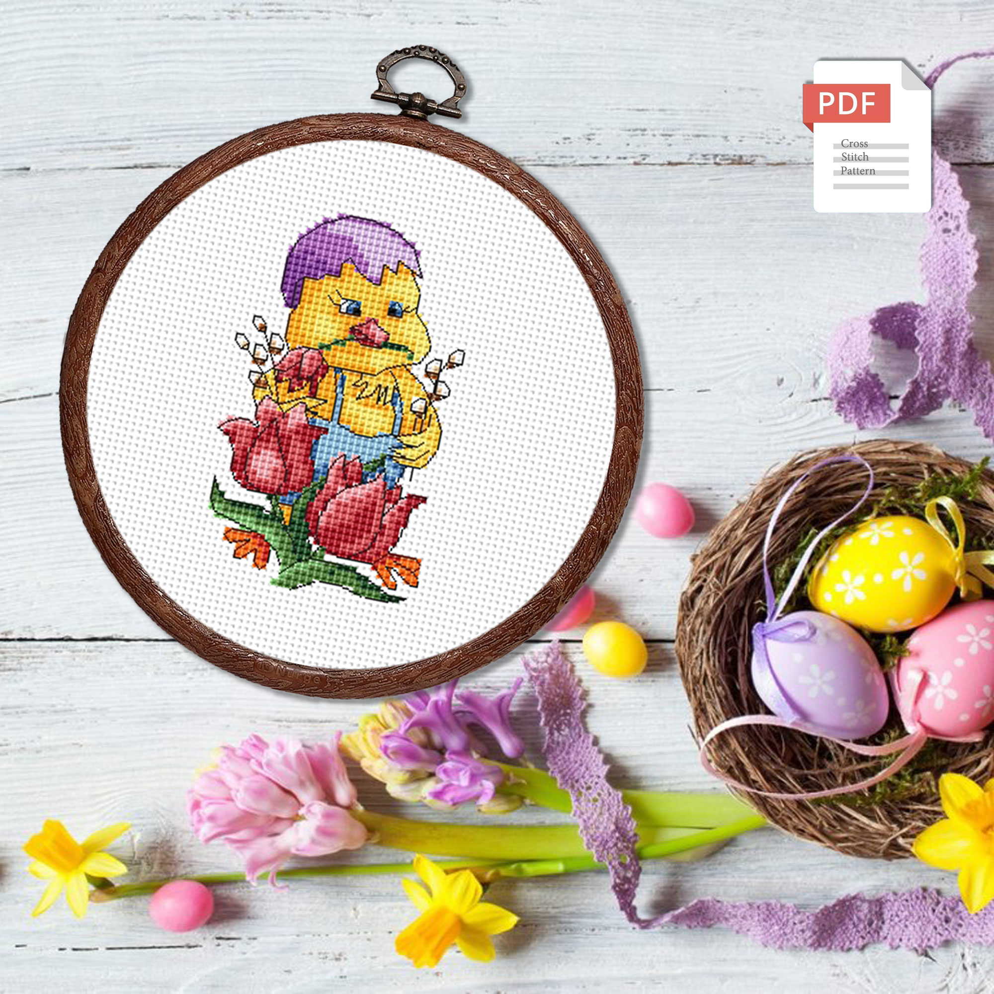 Little Chick With Tulip Cross Stitch Pattern #eas.006