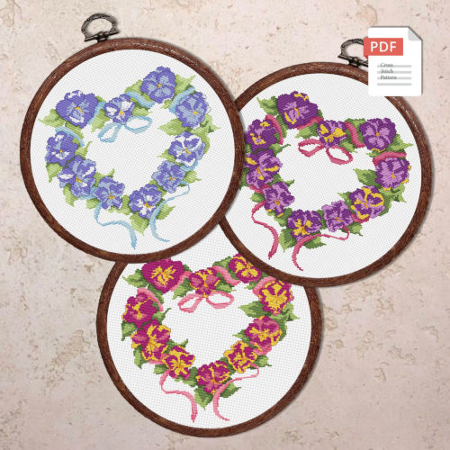 Set of 3 Pansy Hearts Cross Stitch Pattern #lov.031