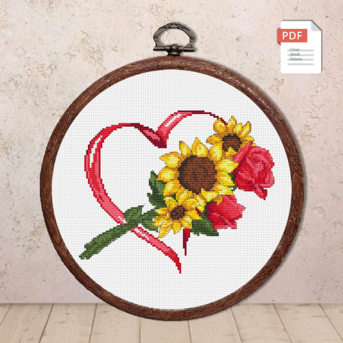 Heart Sunflowers Cross Stitch Pattern #lov.042
