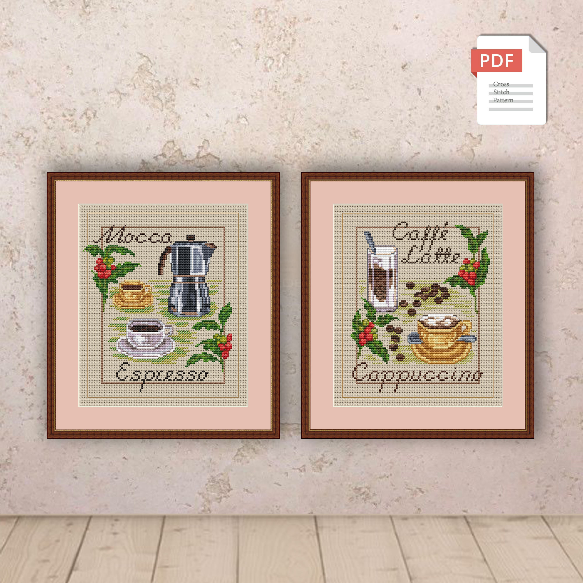 Set of 2 Coffee Cross Stitch Pattern #kt.005 - Image 2