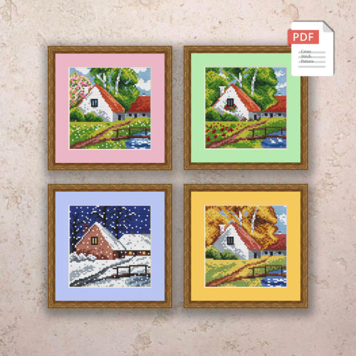 Set of 4 Seasons Landscape Cross Stitch Pattern #ssn085