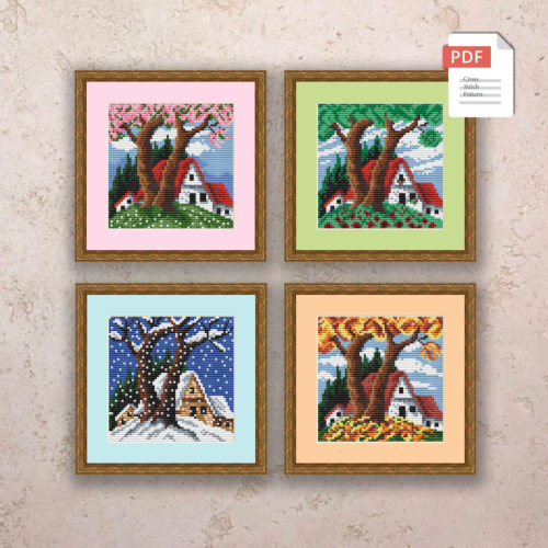 Set of 4 Seasons Landscape Cross Stitch Pattern #ssn100