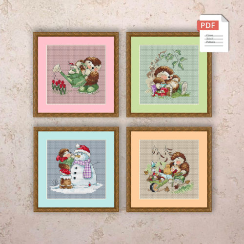 Set of 4 Seasons Hedgehogs Cross Stitch Pattern #ssn115