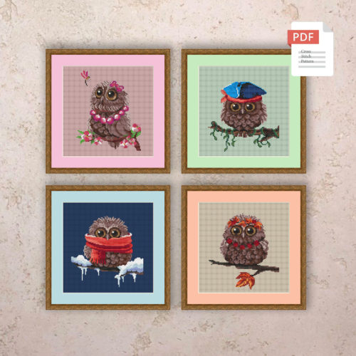 Set of 4 Seasons Owls Cross Stitch Pattern #ssn180