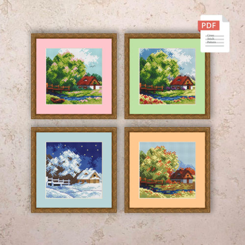 Set of 4 Seasons Landscape Cross Stitch Pattern #ssn235