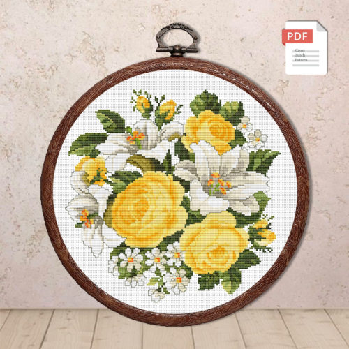 Lilies and Yellow Roses Cross Stitch Pattern #fl.054