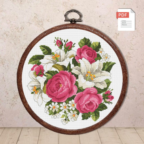 Lilies and Pink Roses Cross Stitch Pattern #fl.055