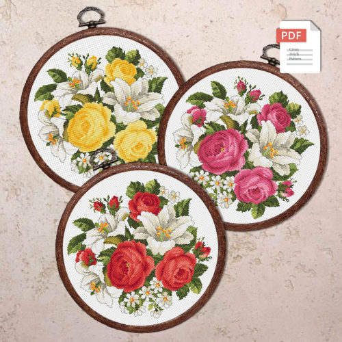 Set of 3 Flowers Cross Stitch Pattern #fl.056