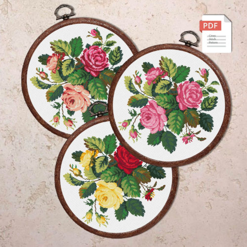 Set of 3 Bouquet of Roses Cross Stitch Patterns #fl.062