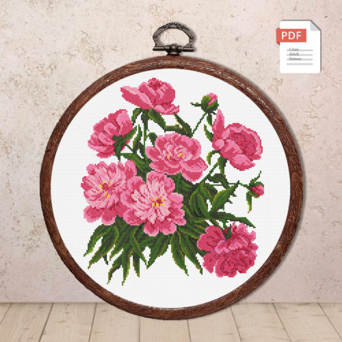 Pink Peonies Cross Stitch Pattern #fl.069