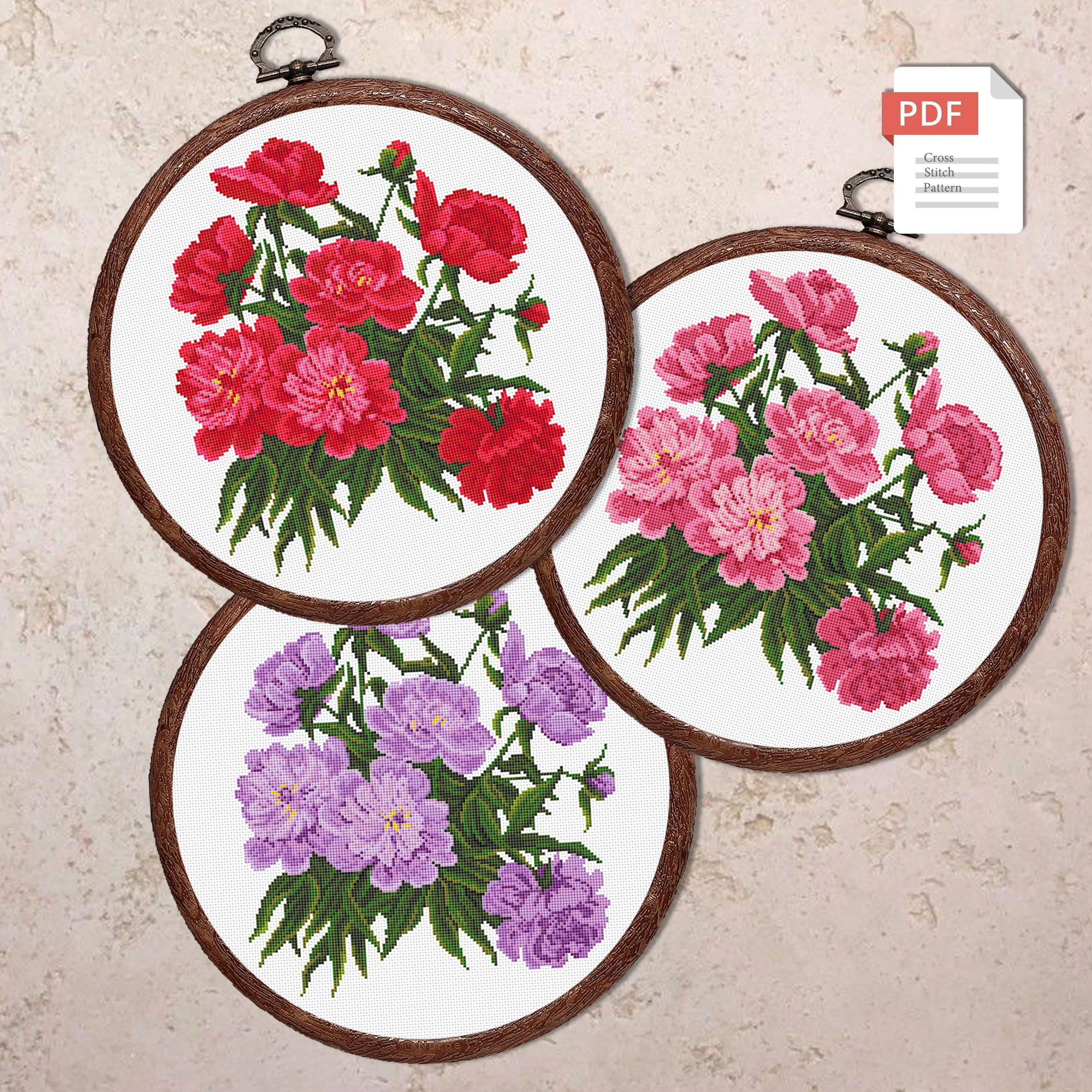 Set of 3 Peonies Peonies Cross Stitch Patterns #fl.071