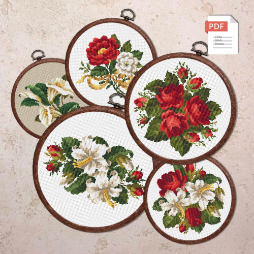 Set of 5 Vintage Flowers Cross Stitch Pattern #fl.106