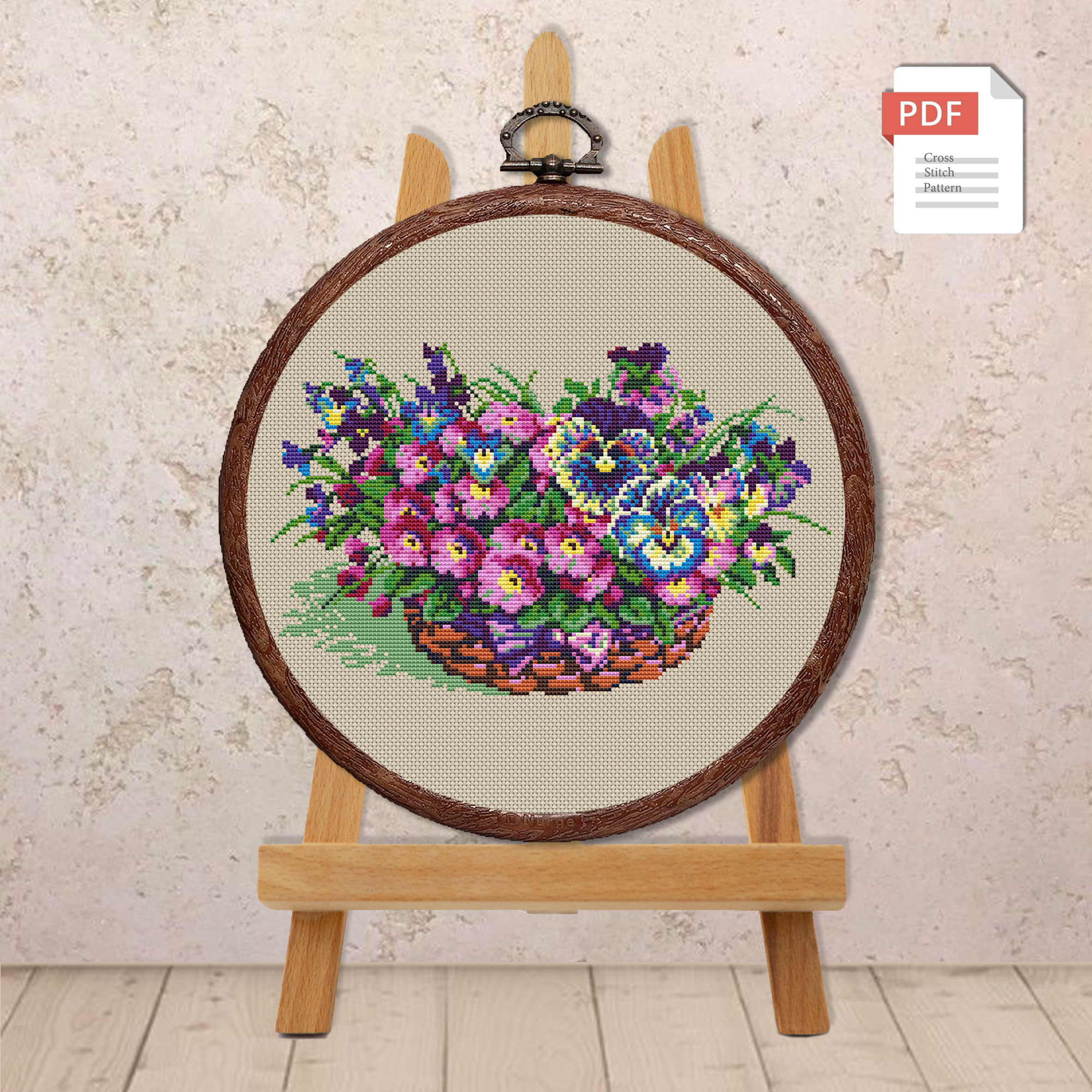 Pansies In A Basket Cross Stitch Pattern #fl.111 - Image 2