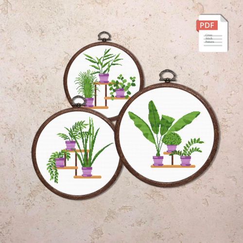 Set of 3 Potted Flowers Cross Stitch Pattern #flw019