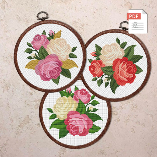 Set of 3 Roses Cross Stitch Pattern #flw026