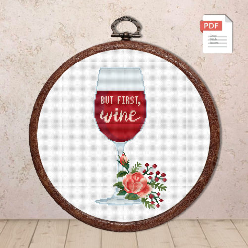 Set of 2 But First Wine Cross Stitch Pattern #kt005
