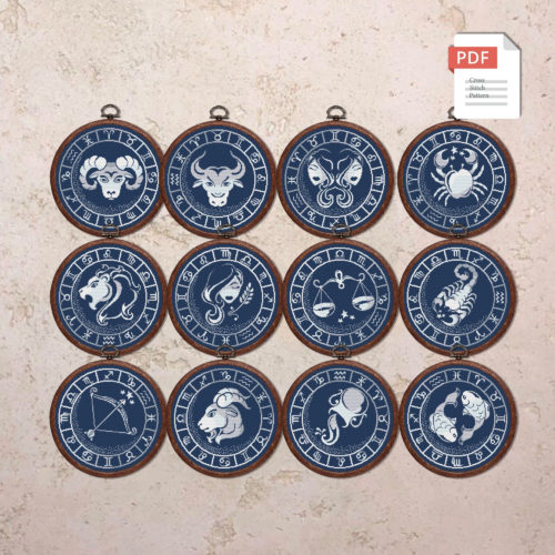 Set of 12 Zodiac Silver Cross Stitch Pattern #zdc026