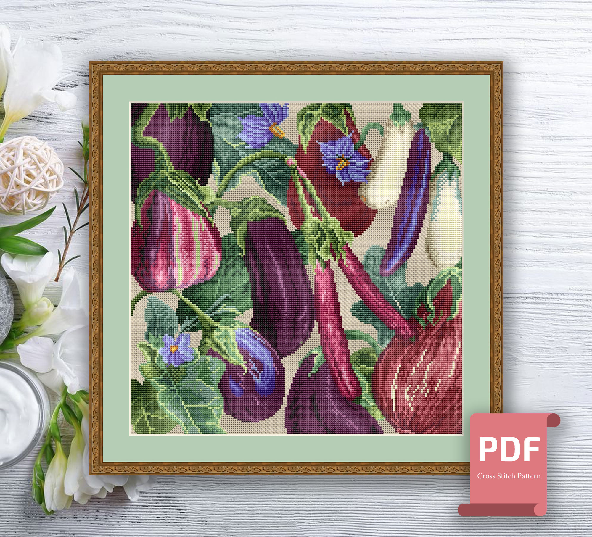Pillow Eggplants Cross Stitch Pattern #pll022 - Image 3