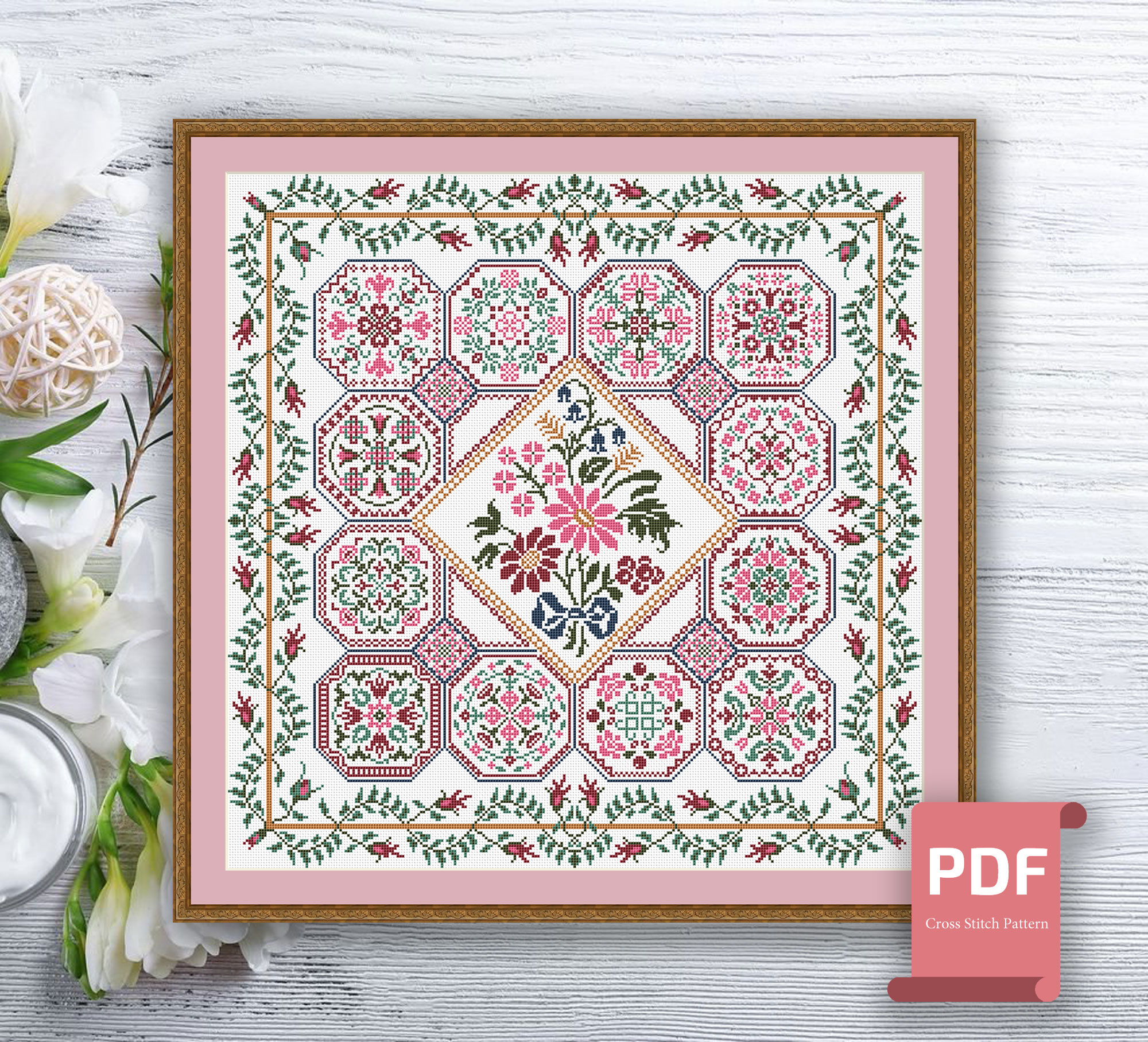 Pillow Floral Ornament Cross Stitch Pattern #pll003 - Image 2