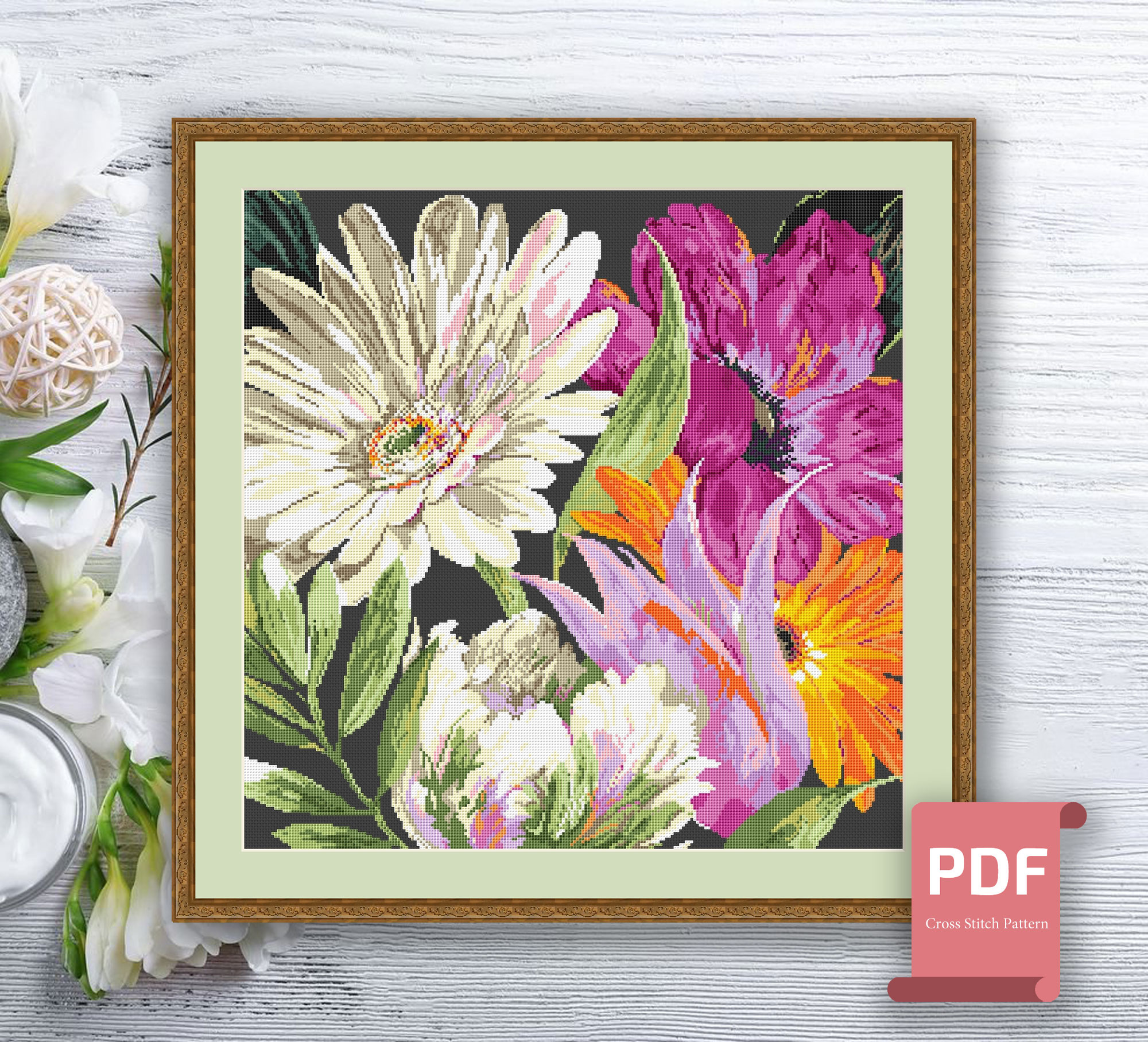 Pillow Gerberas Cross Stitch Pattern #pll014 - Image 2