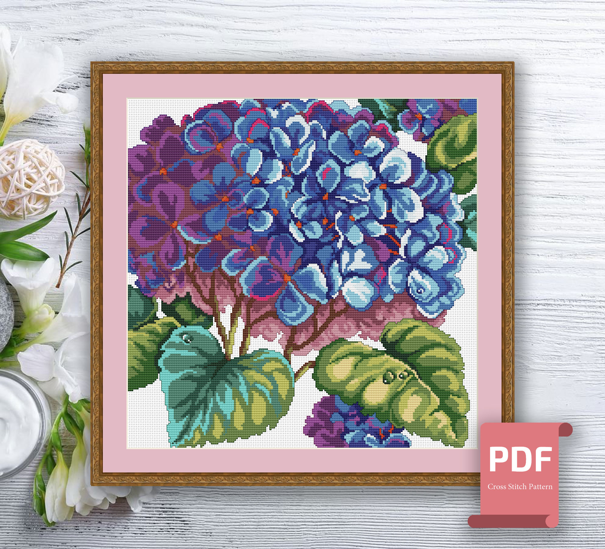 Pillow Hydrangea Cross Stitch Pattern #pll017 - Image 2