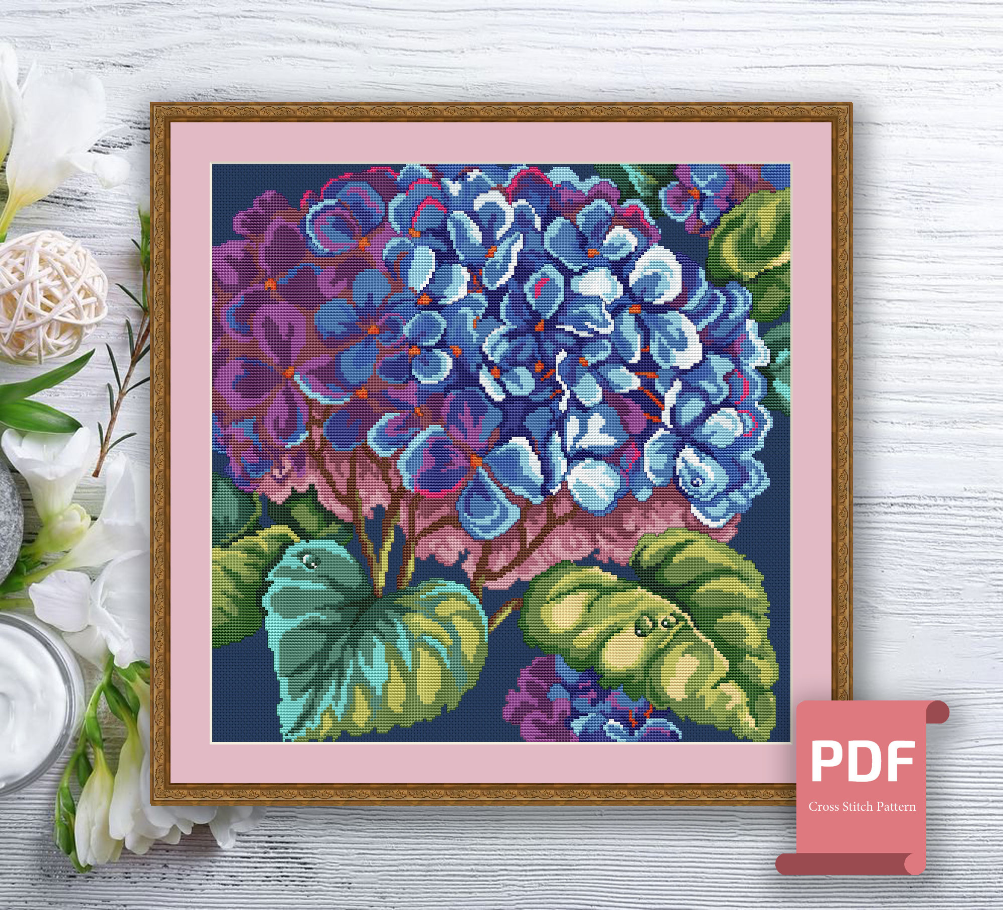 Pillow Hydrangea Cross Stitch Pattern #pll017 - Image 3