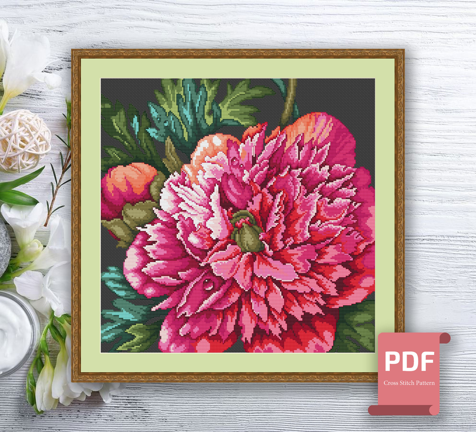 Pillow Peonies Cross Stitch Pattern #pll013 - Image 2