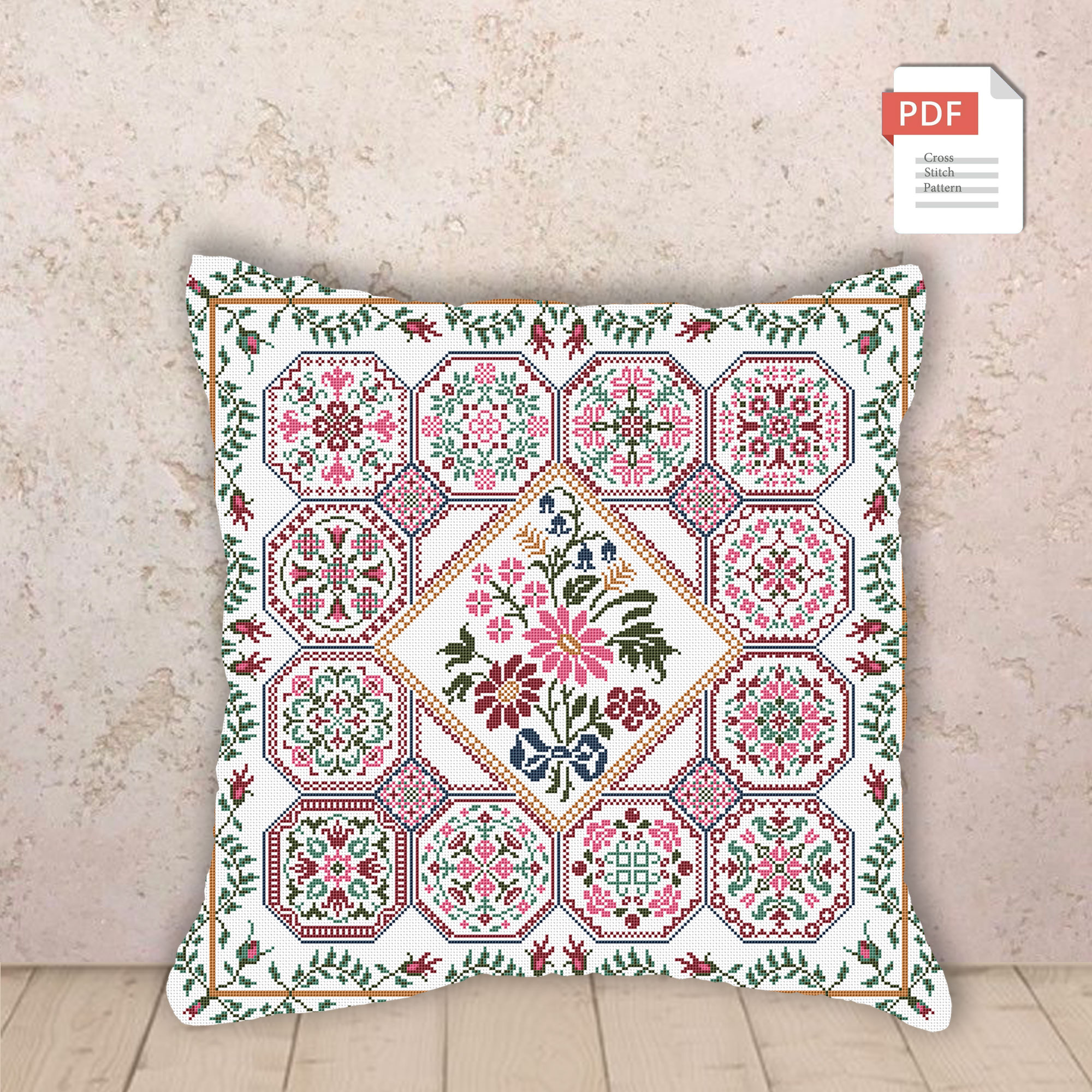 Pillow Floral Ornament Cross Stitch Pattern #pll003