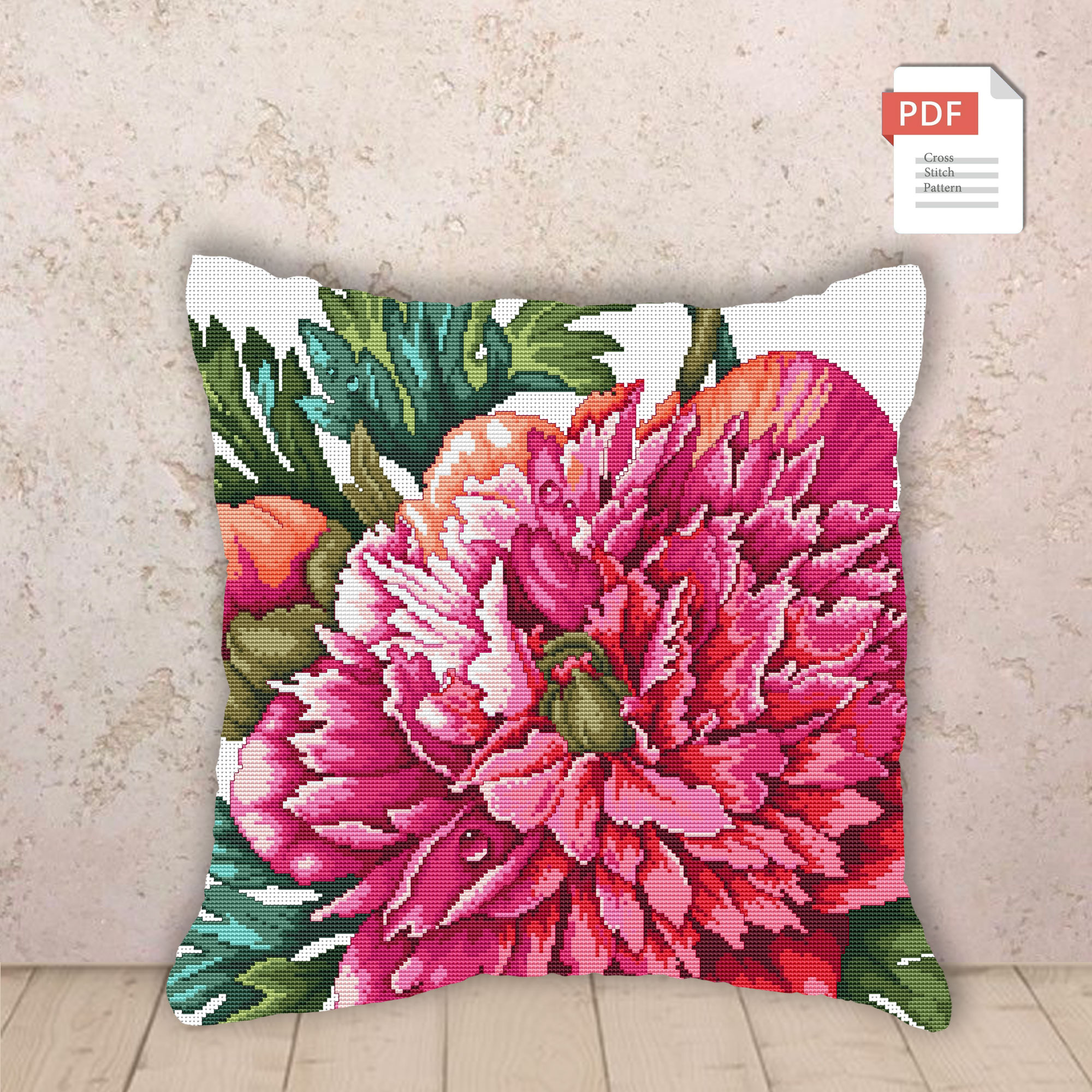 Pillow Peonies Cross Stitch Pattern #pll013
