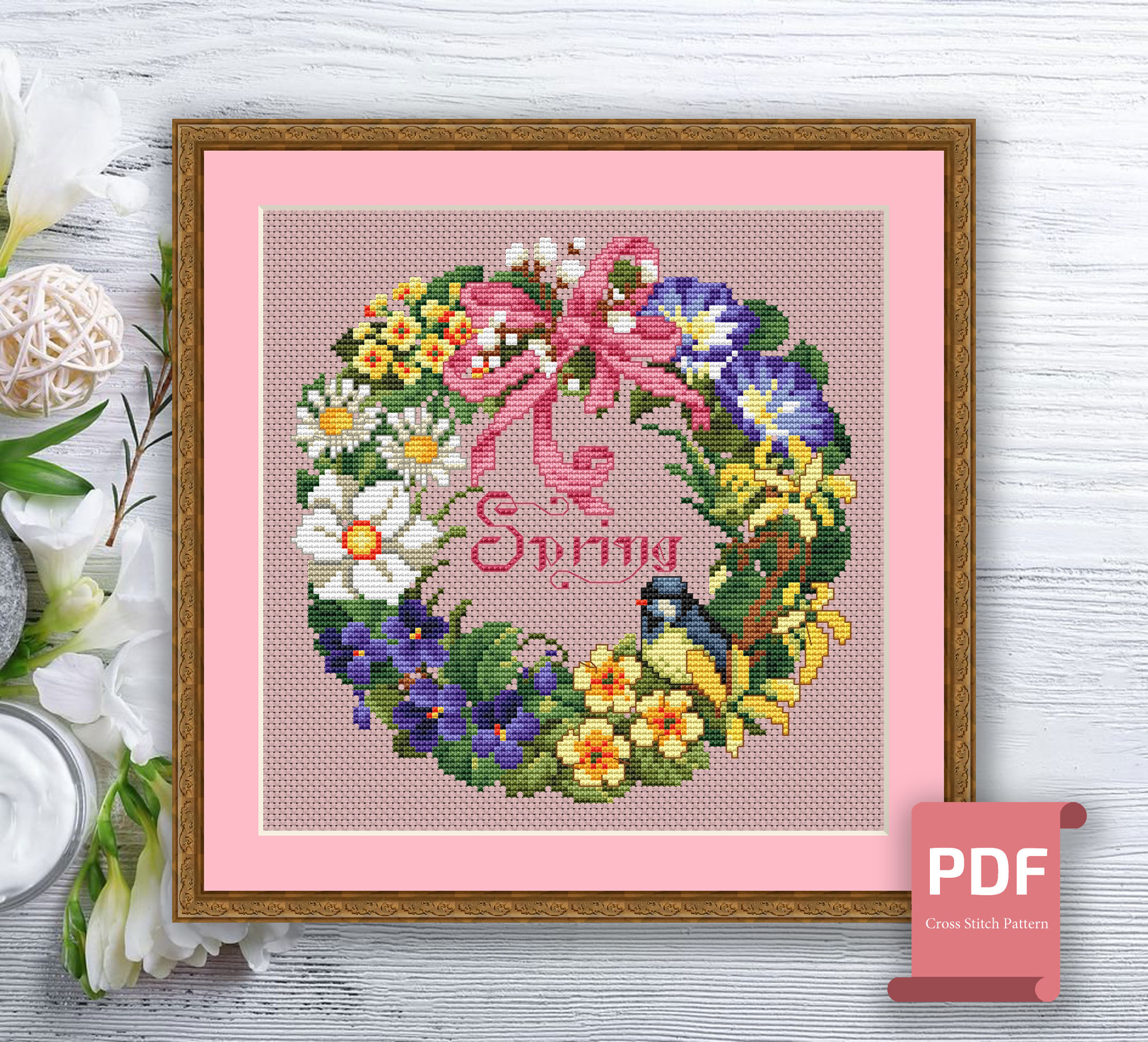 Spring Wreath Cross Stitch Pattern #ssn036 - Image 2