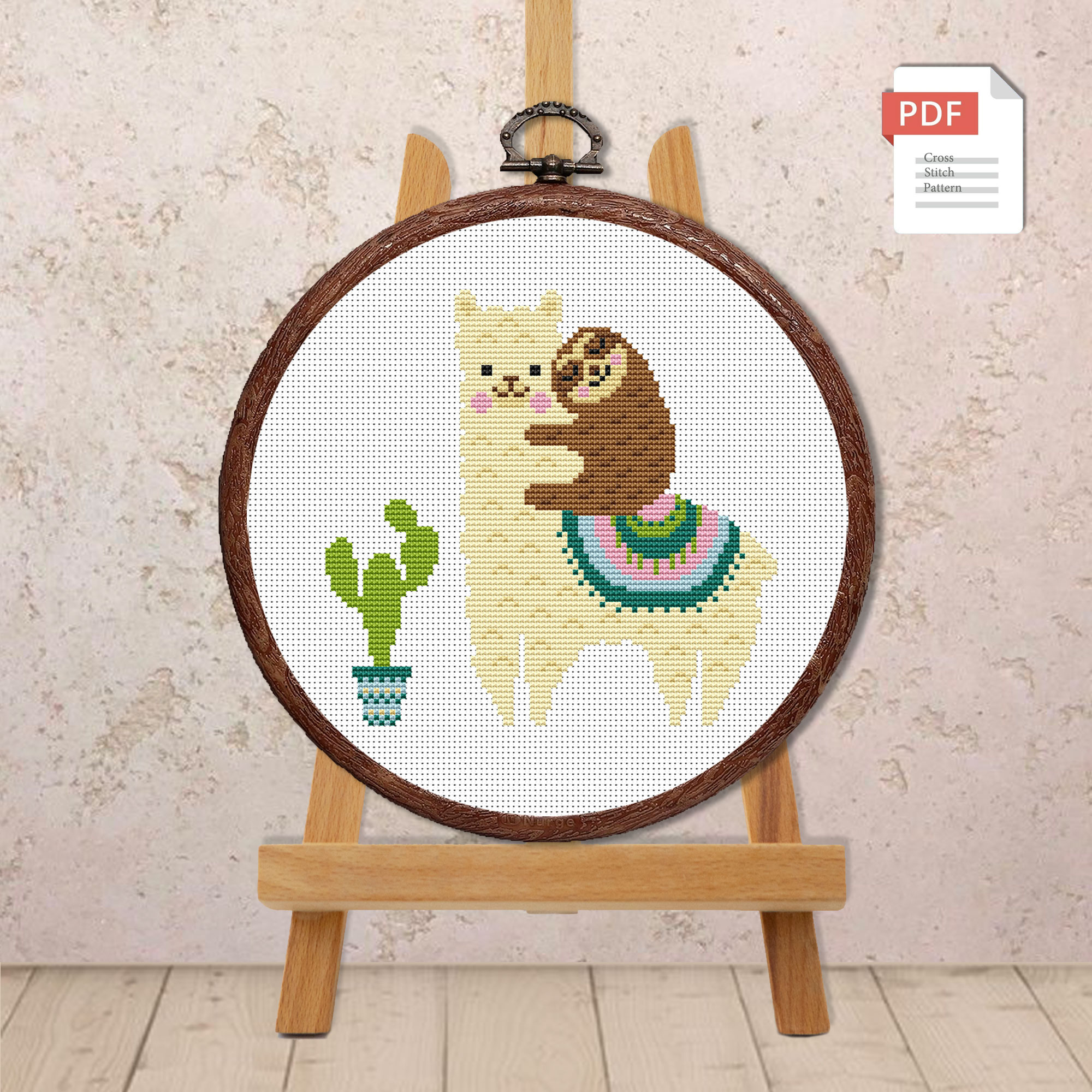 Cute Llama with Sloth Cross Stitch Pattern #anm036 - Image 2
