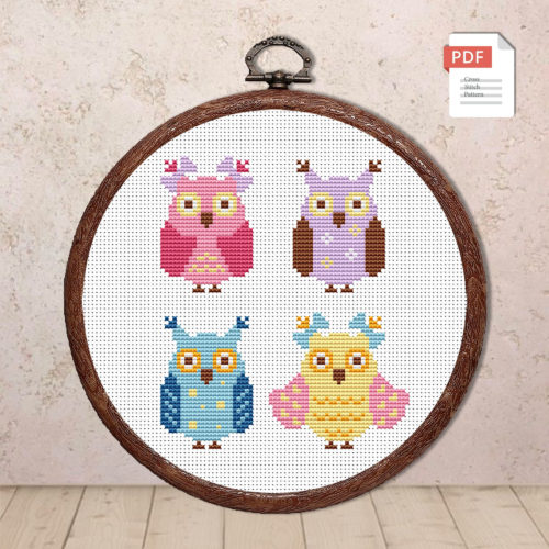 Set of 4 Owls Cross Stitch Pattern #anm037
