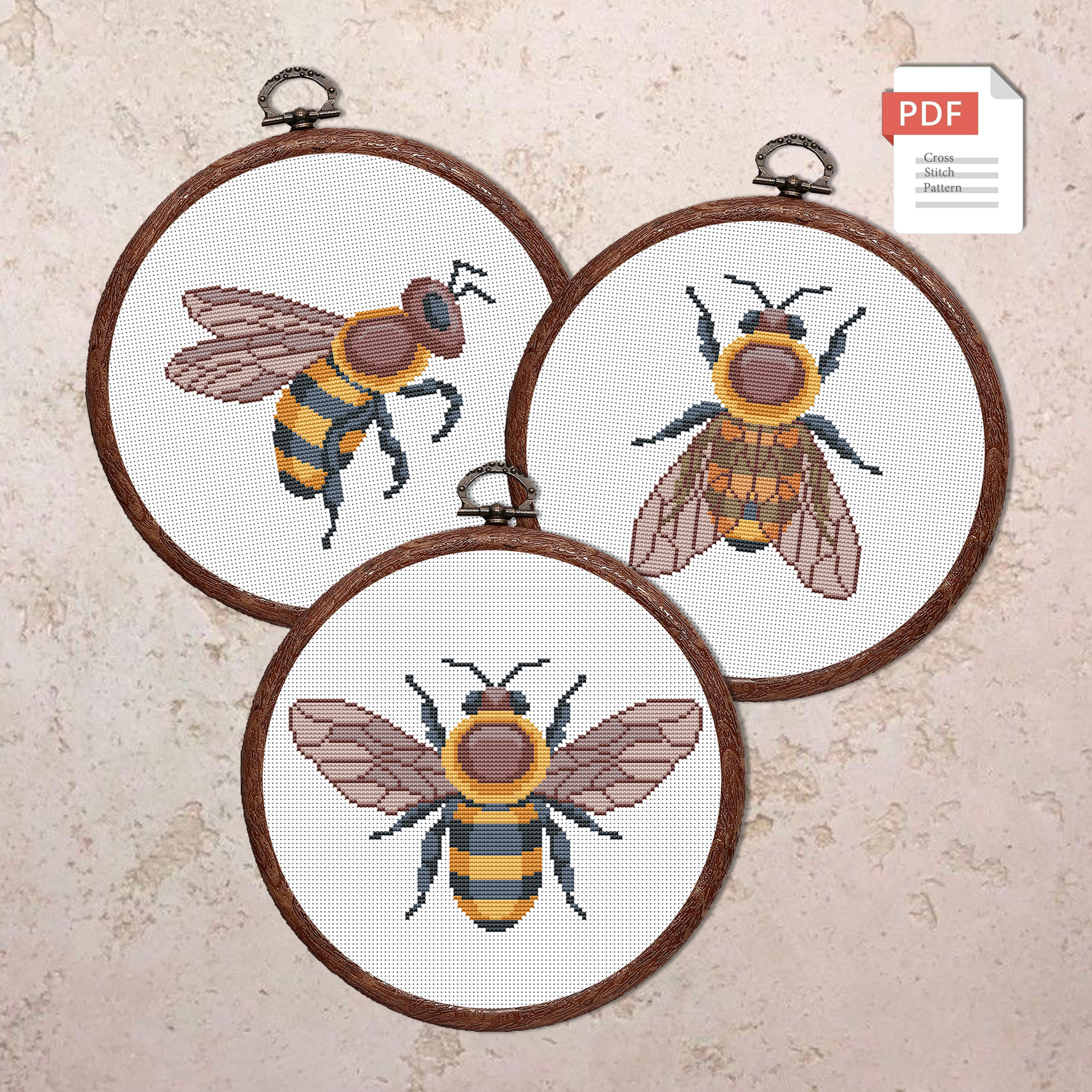 Set of 3 Bees Cross Stitch Pattern #anm040