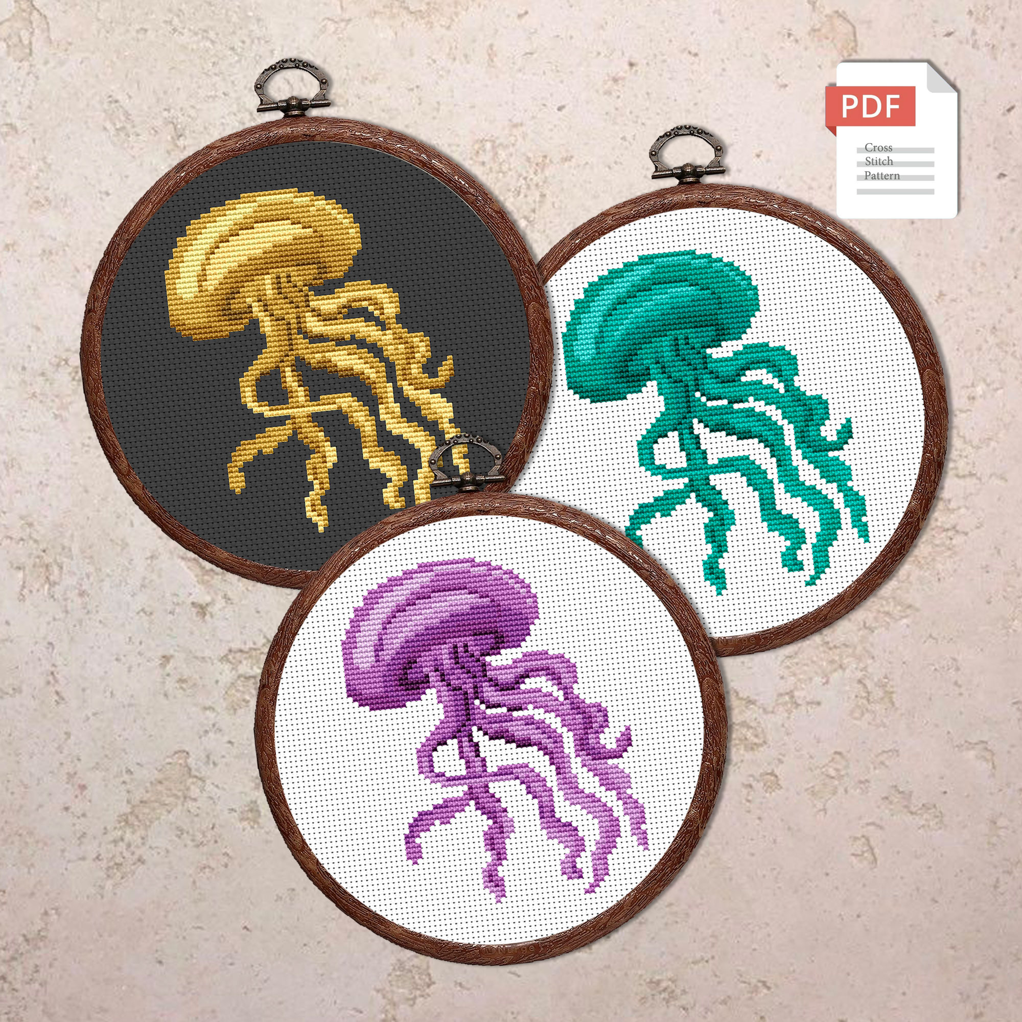 Set of 3 Jellyfish Cross Stitch Pattern #anm042
