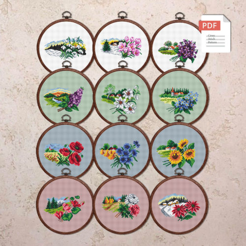 Set of 12 Flowers Four Seasons Cross Stitch Patterns #fl.128