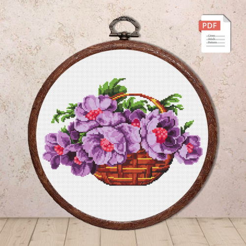 Purple Flowers In A Basket Cross Stitch Pattern #fl.180