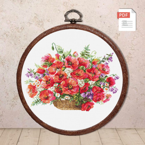 Basket With Poppies Cross Stitch Pattern #fl.200