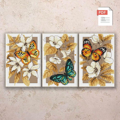 Set of 3 Flowers And Butterflies Cross Stitch Patterns #flc013