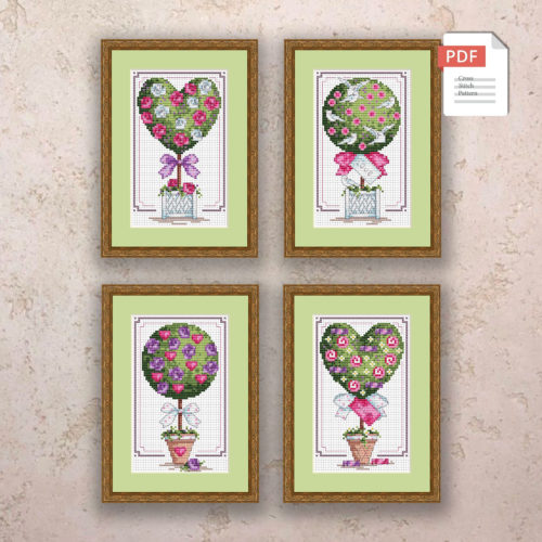 Set of 4 Love Trees Cross Stitch Pattern #flc042