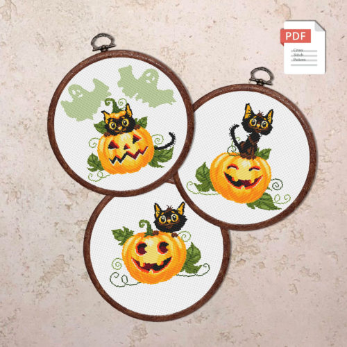 Set of 3 Halloween Cats Cross Stitch Pattern #hld035