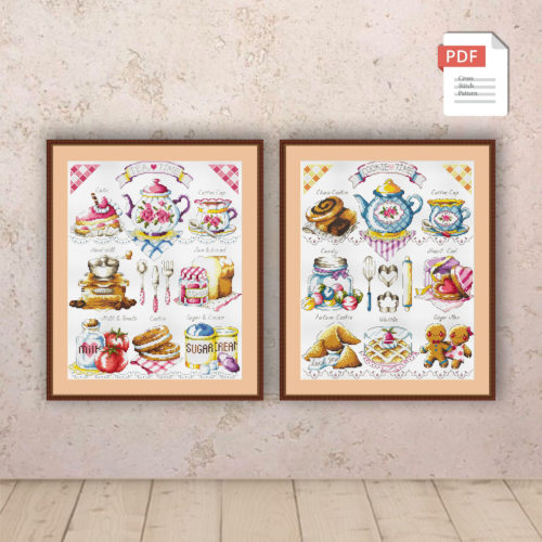 Set of 2 Tea Time Cross Stitch Patterns #kt.014