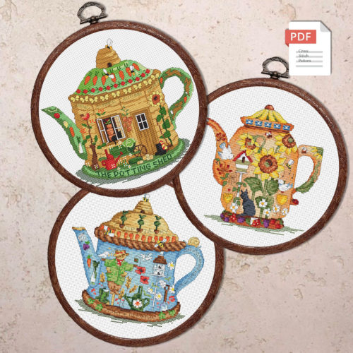Set of 3 Painted Teapots Cross Stitch Patterns #kt.038