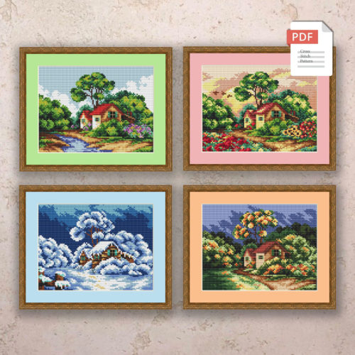 Set of 4 Seasons Landscape Cross Stitch Pattern #ssn060